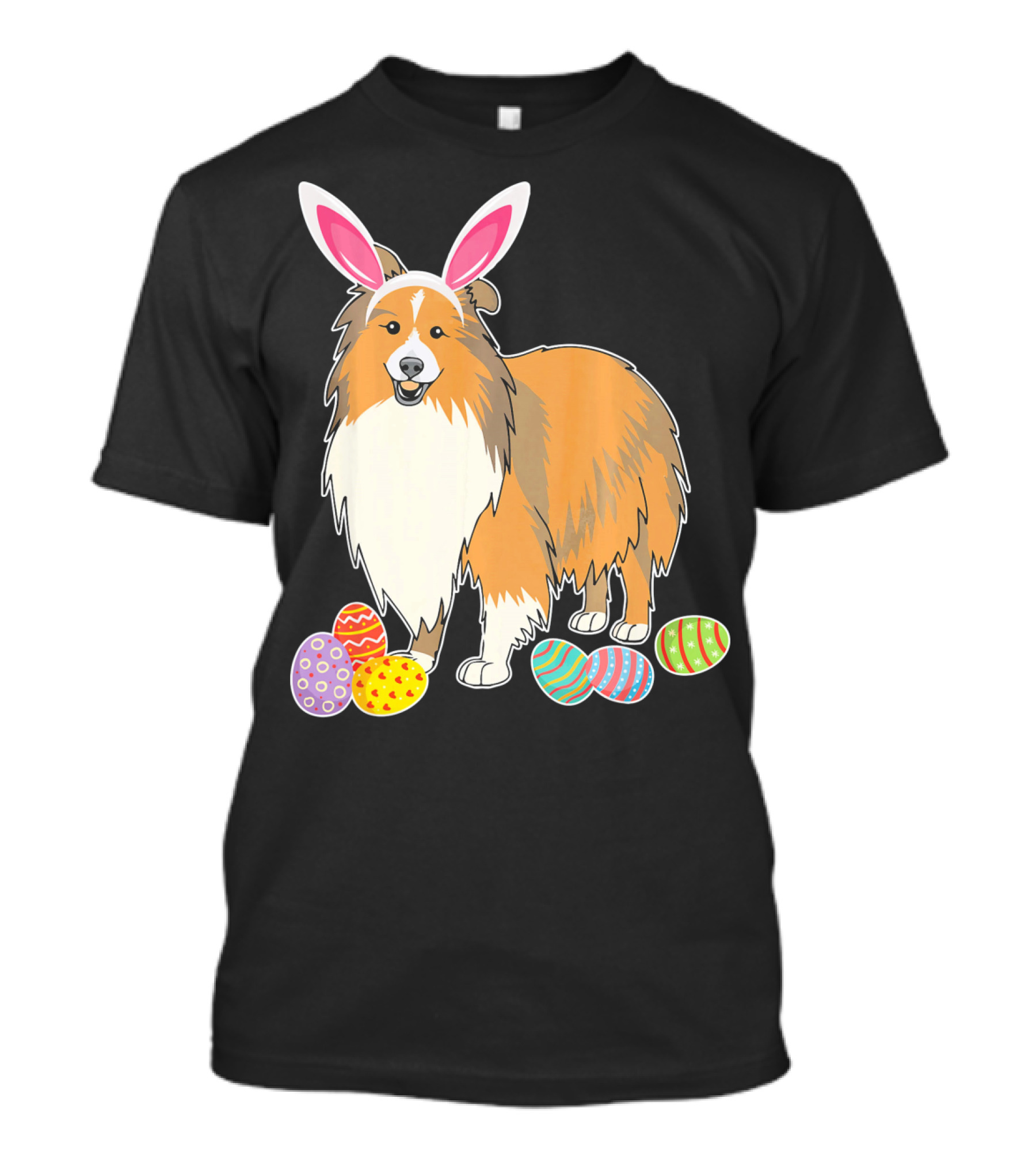 Sheltie Dog Bunny Rabbit Hat Playing Easter Eggs T-Shirt