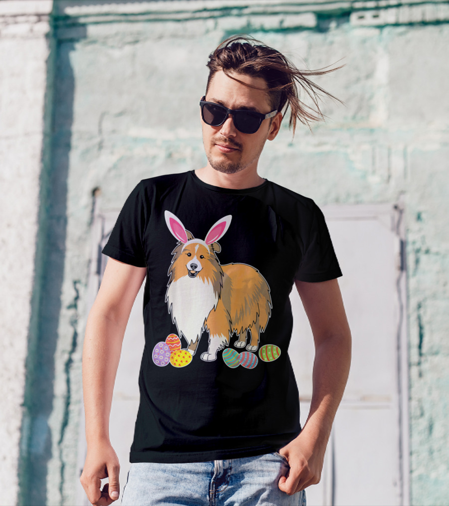 Sheltie Dog Bunny Rabbit Hat Playing Easter Eggs T-Shirt