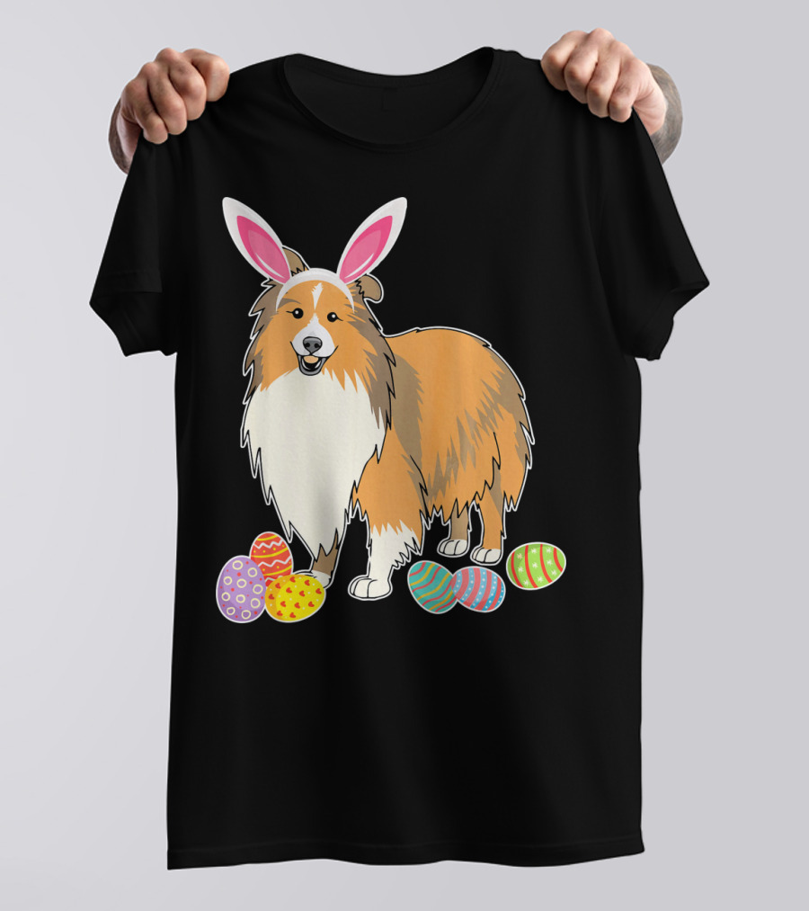 Sheltie Dog Bunny Rabbit Hat Playing Easter Eggs T-Shirt