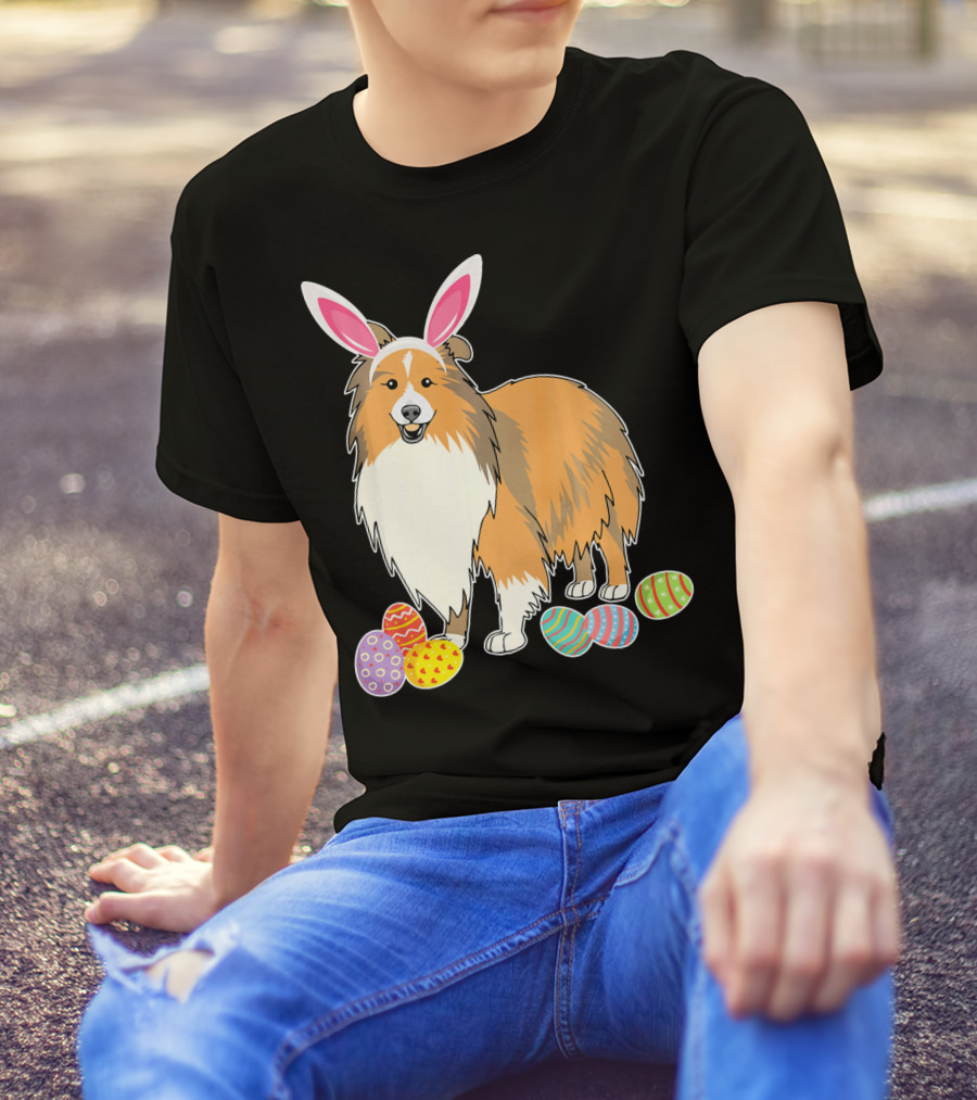 Sheltie Dog Bunny Rabbit Hat Playing Easter Eggs T-Shirt