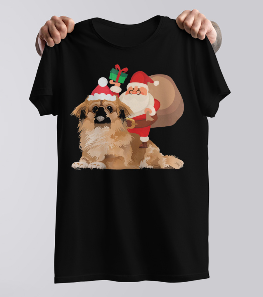 Santa Claus Holding Gift Riding Pekingese With Christmas Hat T-Shirt