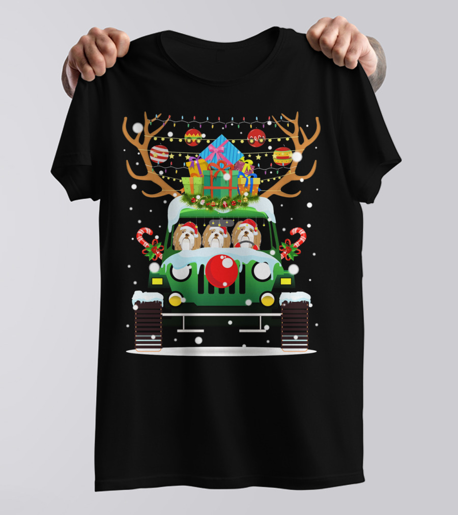 Santa Lhasa Apso Driving Jeep With Reindeer Antlers And Christmas Presents T-Shirt