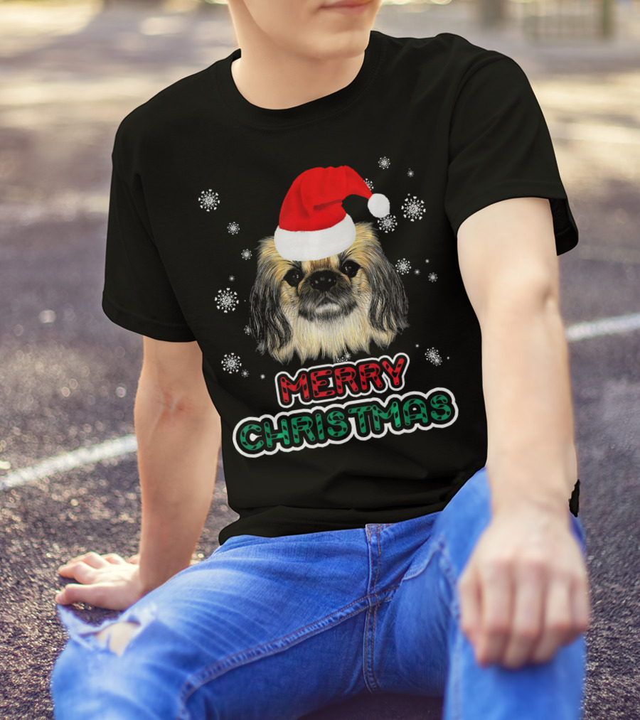 Merry Christmas Pekingese In Santa Hat T-Shirt