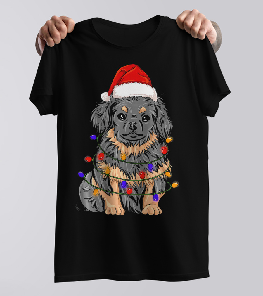 Pekingese Wrapped In Xmas Lights With Santa Hat T-Shirt