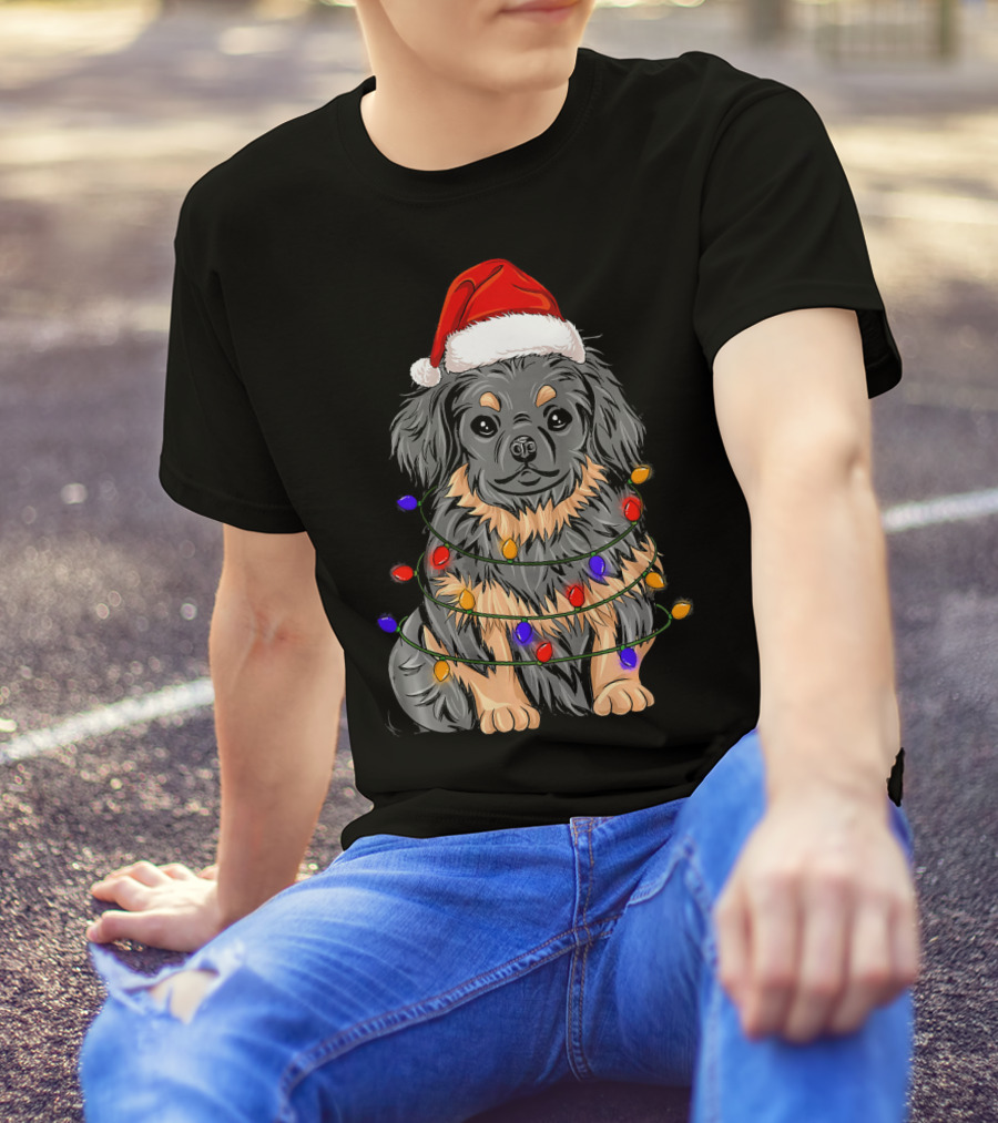 Pekingese Wrapped In Xmas Lights With Santa Hat T-Shirt