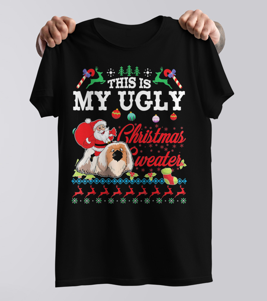 This Is My Ugly Christmas Sweater Santa Riding Pekingese Dog T-Shirt