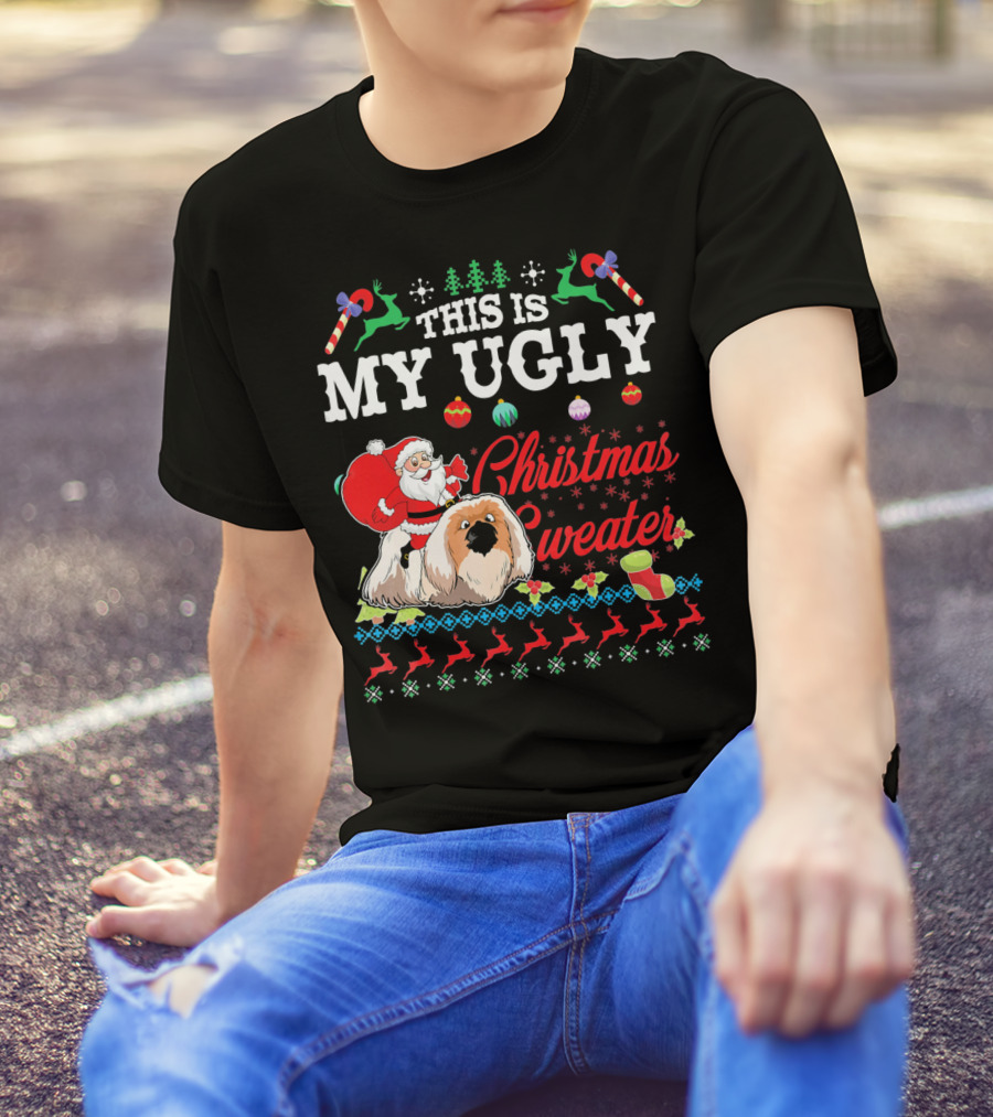 This Is My Ugly Christmas Sweater Santa Riding Pekingese Dog T-Shirt