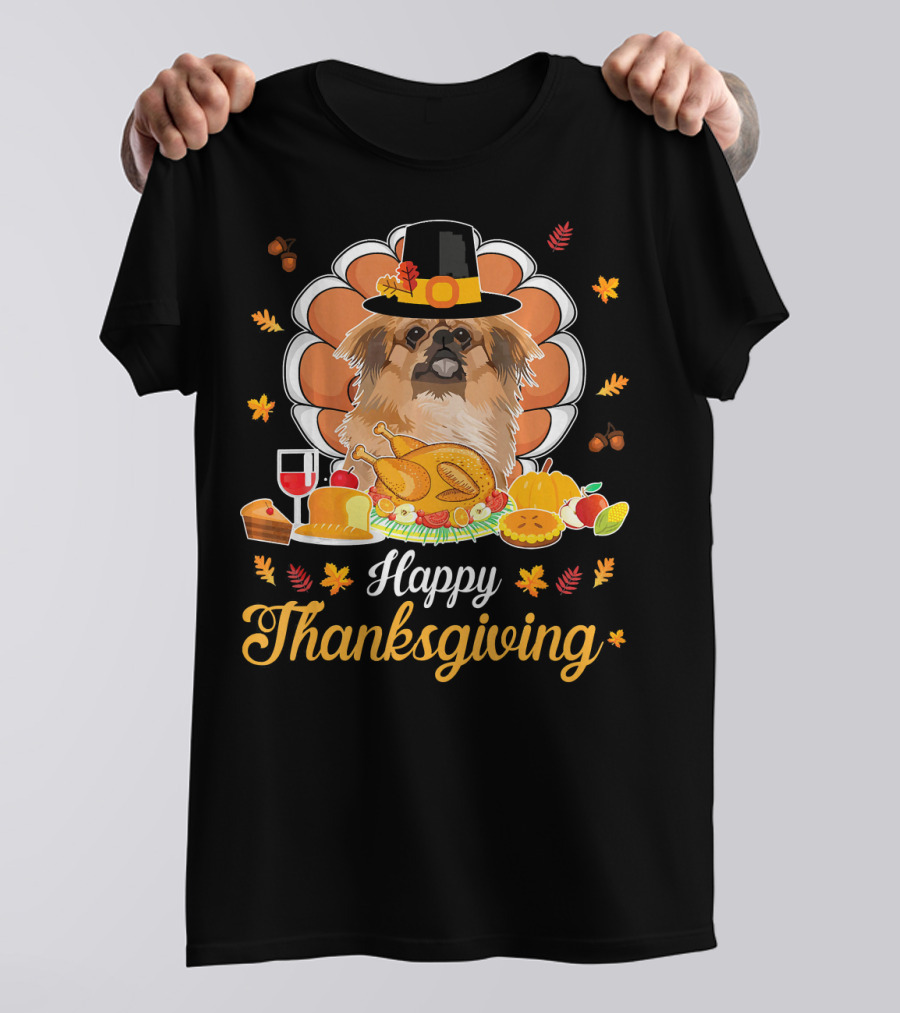 Happy Thanksgiving Pekingese Pilgrim Turkey Dish Wine Feast T-Shirt