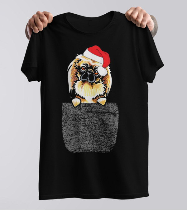 Pekingese Dog With Santa Hat Peeking From Pocket T-Shirt