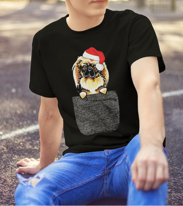 Pekingese Dog With Santa Hat Peeking From Pocket T-Shirt