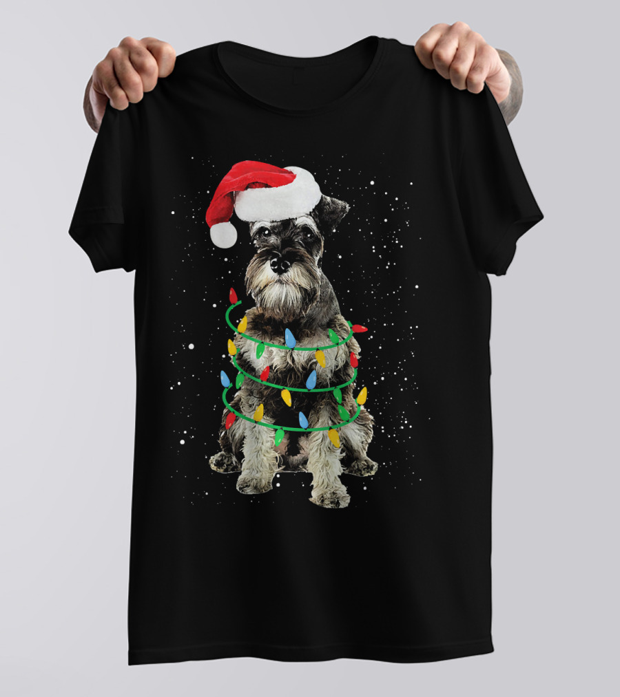 Santa Hat Miniature Schnauzer Christmas Lights T-Shirt