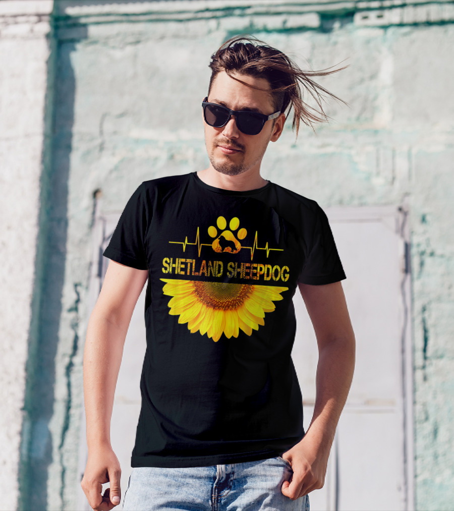 Sunflower Shetland Sheepdog Heartbeat Paw Prints T-Shirt