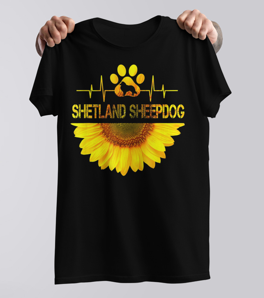 Sunflower Shetland Sheepdog Heartbeat Paw Prints T-Shirt