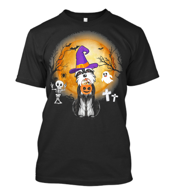 Standard Schnauzer Witch Halloween Moon Ghost Skeleton Pumpkin T-Shirt