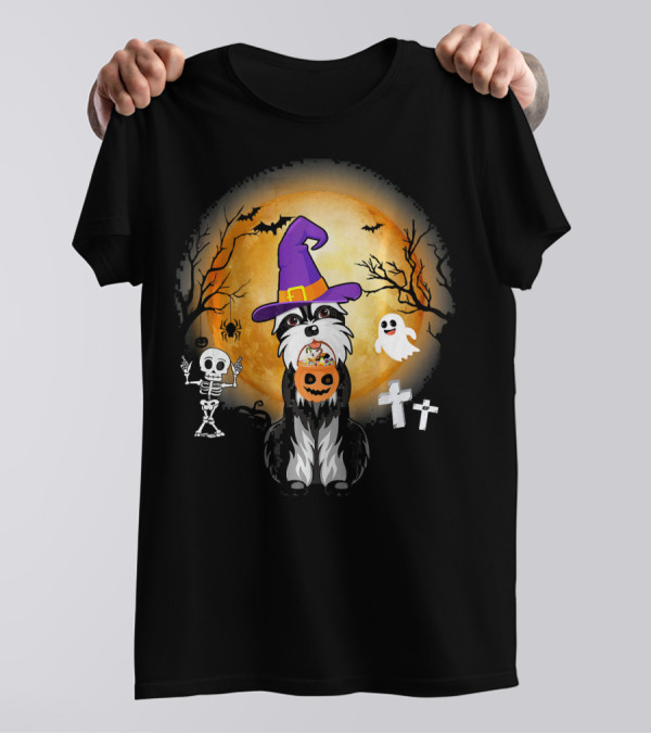 Standard Schnauzer Witch Halloween Moon Ghost Skeleton Pumpkin T-Shirt