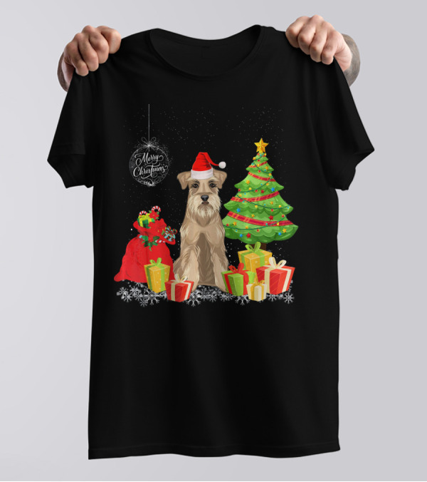 Schnauzer With Merry Christmas Santa Hat And Gifts Under Christmas Tree T-Shirt