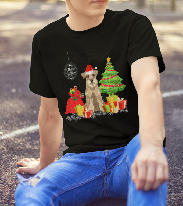 Schnauzer With Merry Christmas Santa Hat And Gifts Under Christmas Tree T-Shirt