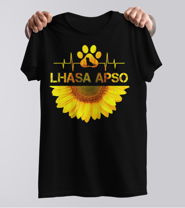 Lhasa Apso Sunflower Paw Heartbeat Dog Lovers T-Shirt