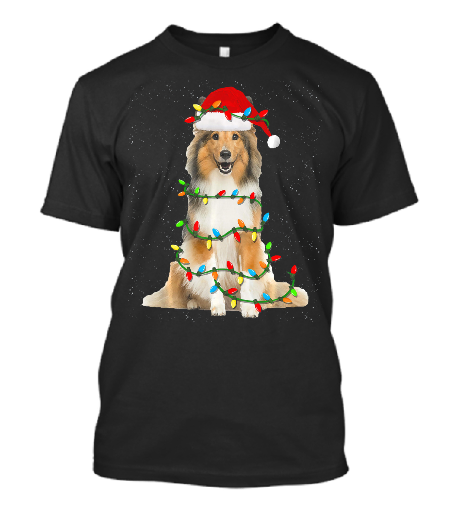Sheltie Wrapped In Christmas Lights Funny Santa Hat Shetland Sheepdog Holiday T-Shirt
