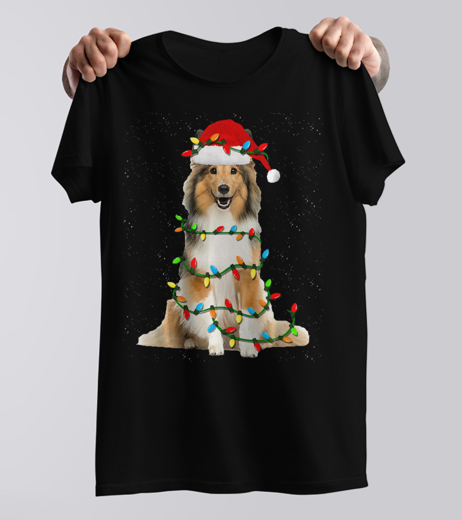 Sheltie Wrapped In Christmas Lights Funny Santa Hat Shetland Sheepdog Holiday T-Shirt
