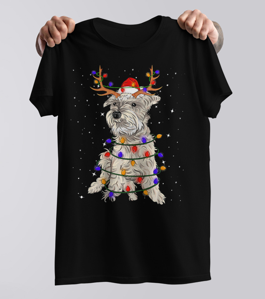 Schnauzer Wrapped In Christmas Lights Wearing Santa Hat And Reindeer Antlers T-Shirt