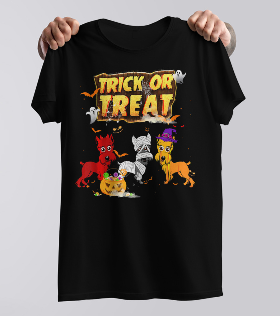 Trick Or Treat Three Schnauzer Pumpkin Mummy Ghosts T-Shirt
