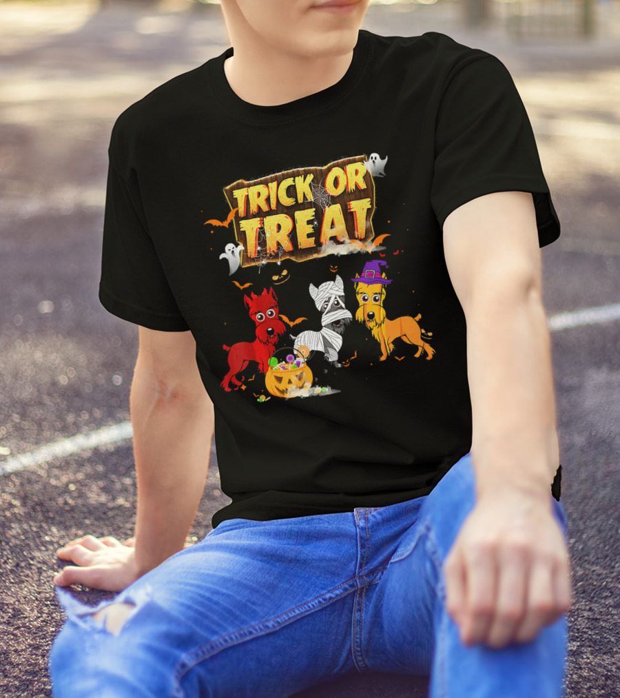 Trick Or Treat Three Schnauzer Pumpkin Mummy Ghosts T-Shirt