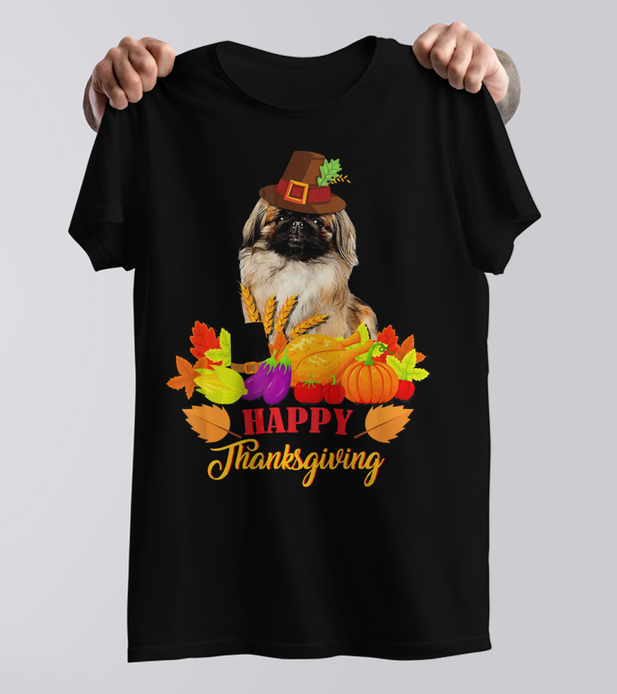 Pekingese Happy Thanksgiving With Pilgrim Hat And Harvest Vegetables T-Shirt