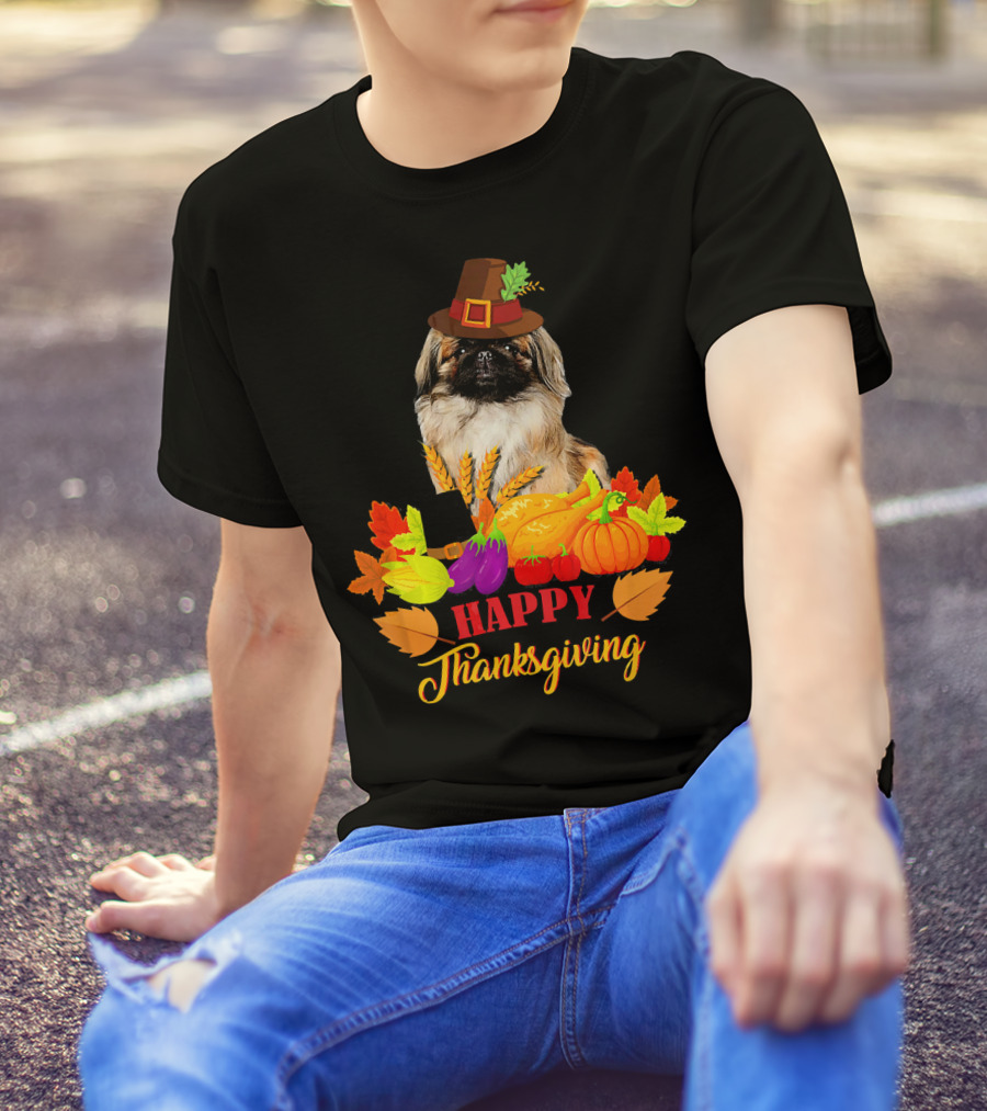 Pekingese Happy Thanksgiving With Pilgrim Hat And Harvest Vegetables T-Shirt