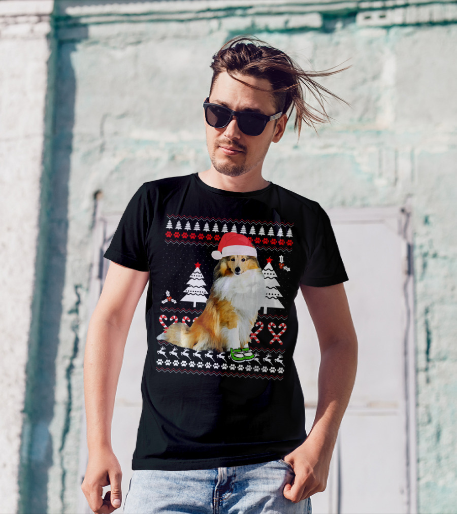 Sheltie Dog Christmas Ugly Sweater Santa Hat Holiday T-Shirt