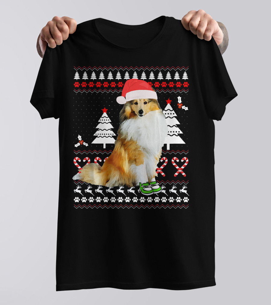 Sheltie Dog Christmas Ugly Sweater Santa Hat Holiday T-Shirt