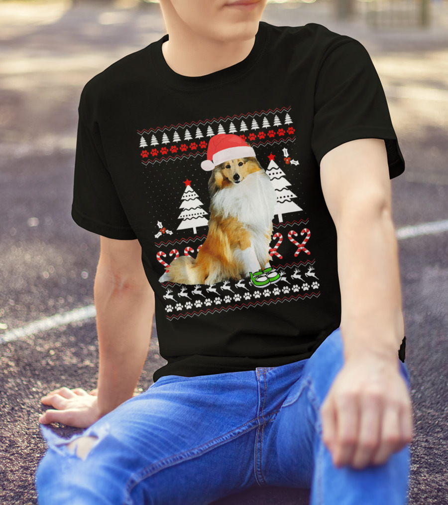 Sheltie Dog Christmas Ugly Sweater Santa Hat Holiday T-Shirt