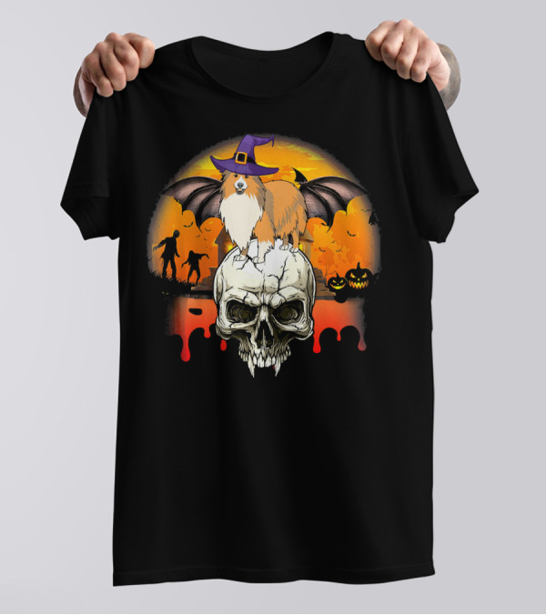 Skull With Sheltie Halloween Bat Wings Witch Hat Pumpkin Zombies Awesome Dog T-Shirt