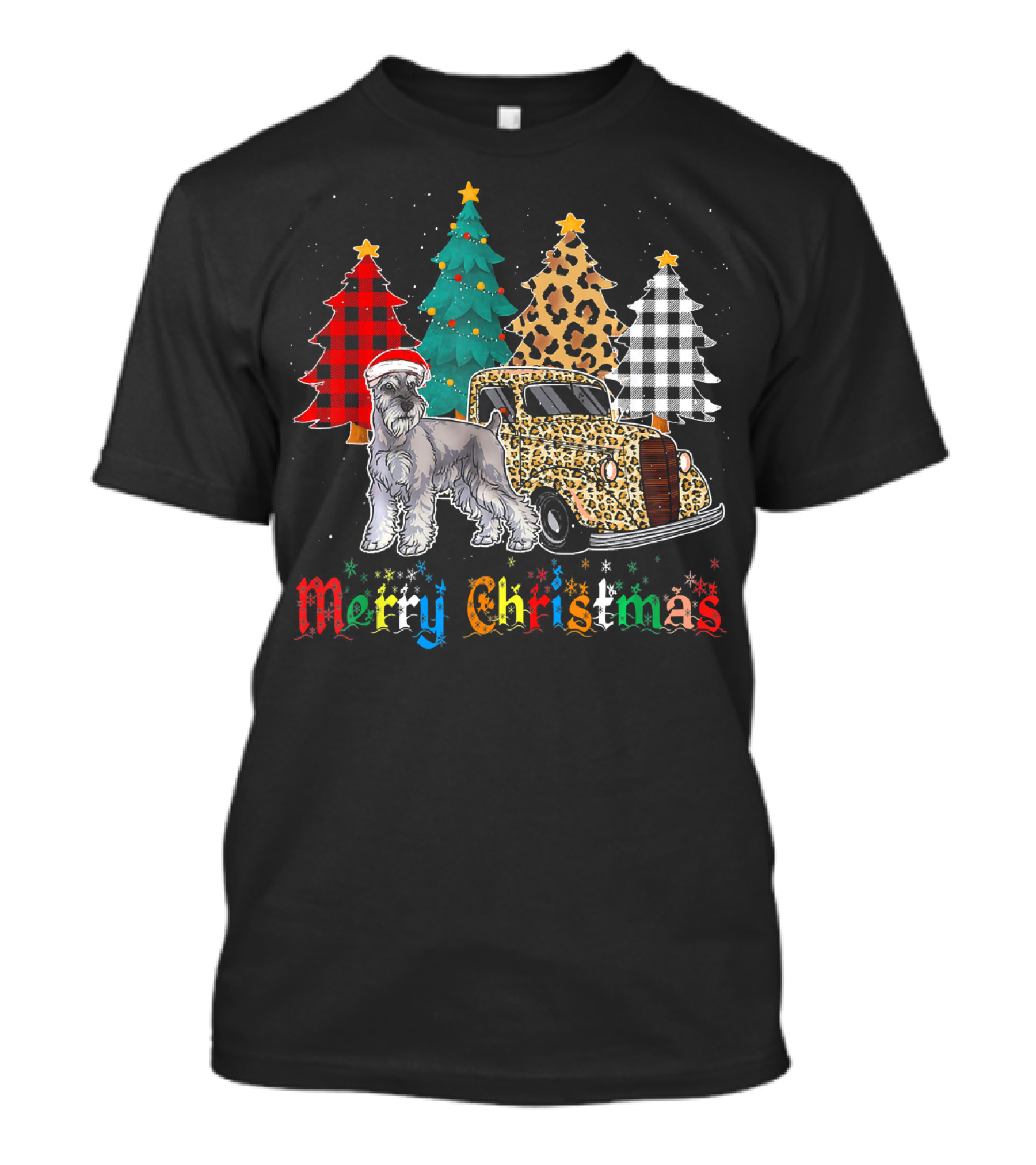 Merry Christmas Miniature Schnauzer Leopard Plaid Truck T-Shirt