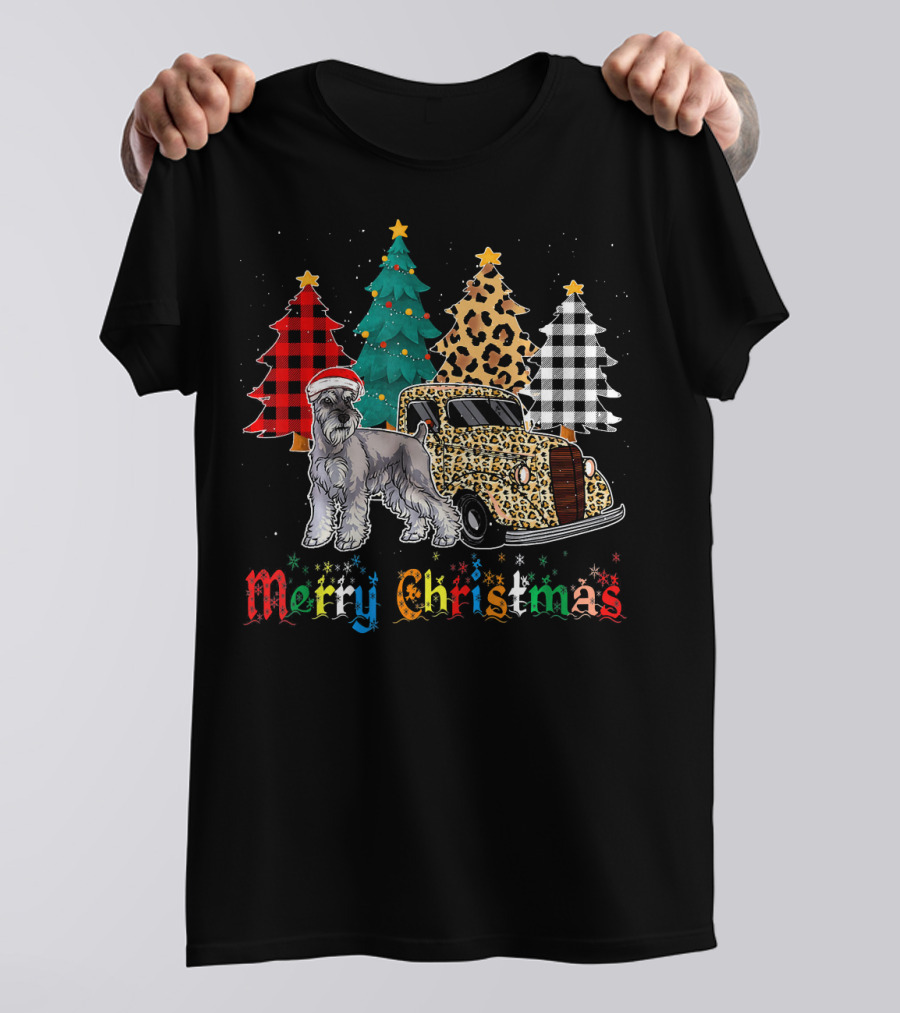 Merry Christmas Miniature Schnauzer Leopard Plaid Truck T-Shirt