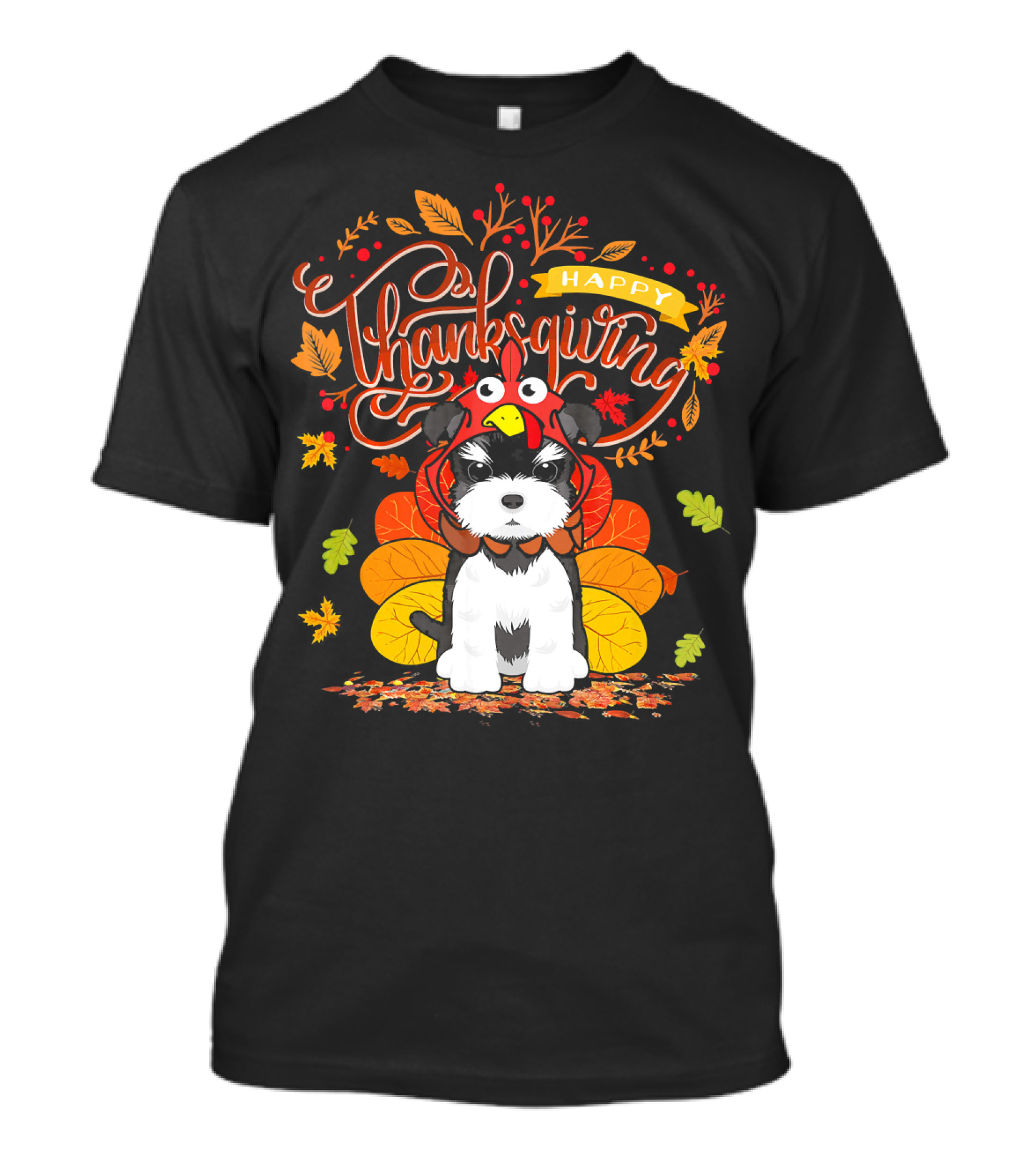 Happy Thanksgiving Schnauzer Wearing Turkey Hat With Fall Autumn Leaves T-Shirt
