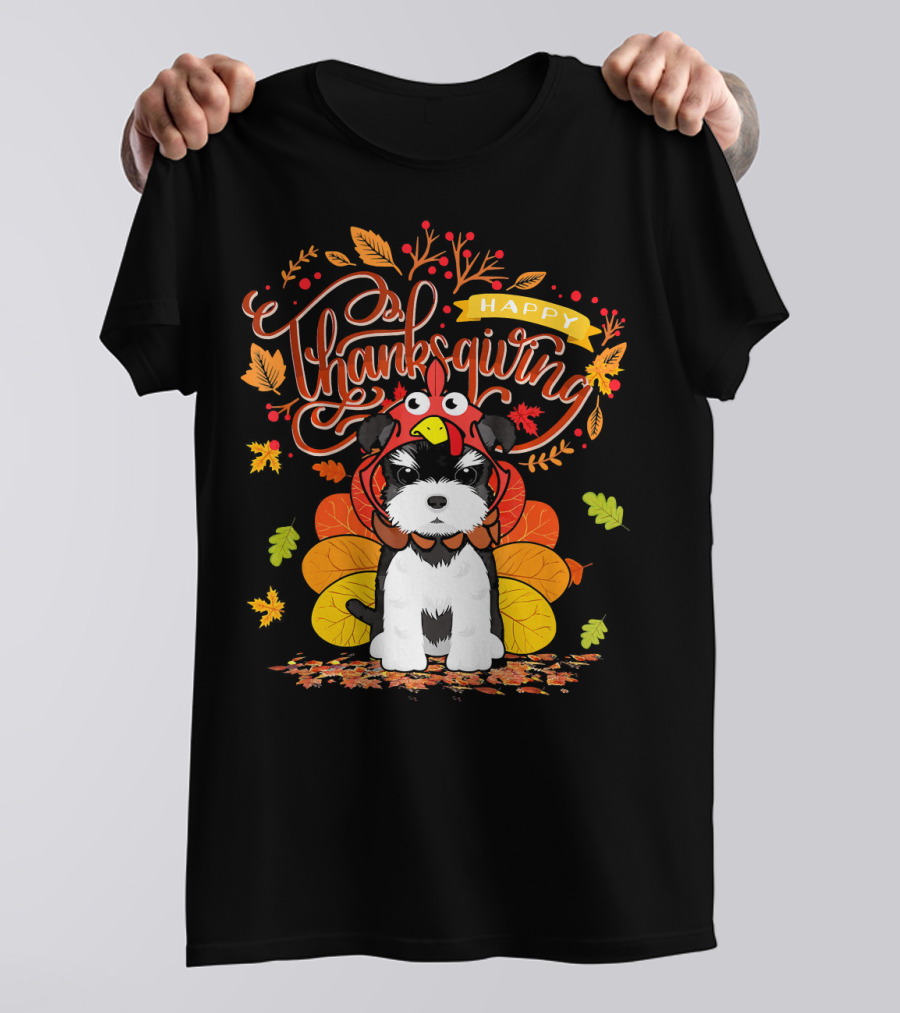 Happy Thanksgiving Schnauzer Wearing Turkey Hat With Fall Autumn Leaves T-Shirt