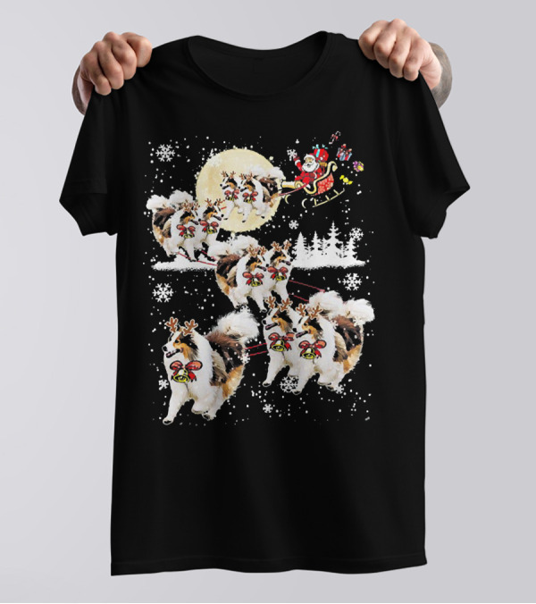 Sheltie Reindeer Christmas Nice Dog Santa Sleigh Full Moon Snowflakes T-Shirt
