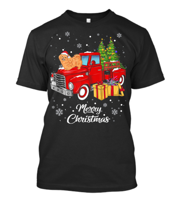 Merry Christmas Pekingese On Red Truck With Presents And Christmas Tree T-Shirt