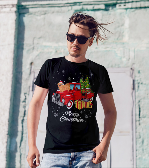 Merry Christmas Pekingese On Red Truck With Presents And Christmas Tree T-Shirt