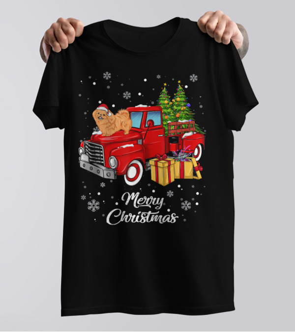 Merry Christmas Pekingese On Red Truck With Presents And Christmas Tree T-Shirt