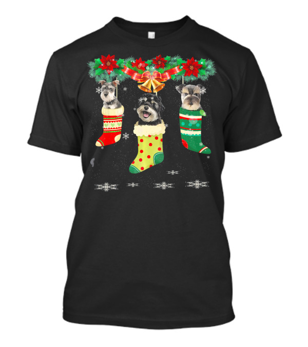 Three Schnauzer Dogs In Christmas Stockings With Santa Bells And Snowflakes T-Shirt