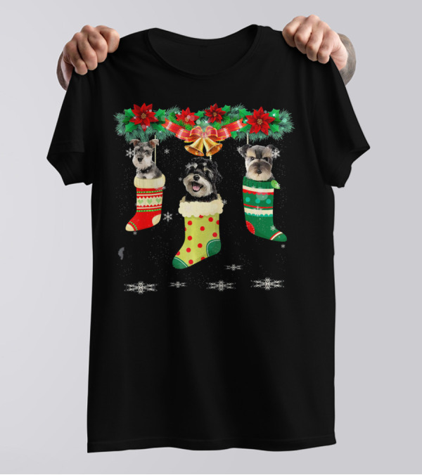 Three Schnauzer Dogs In Christmas Stockings With Santa Bells And Snowflakes T-Shirt