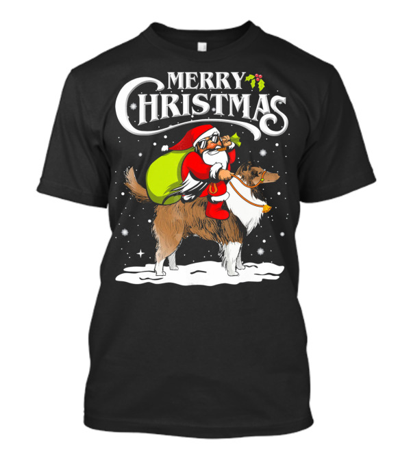 Merry Christmas Santa Riding Shetland Sheepdog Funny Chr T-Shirt