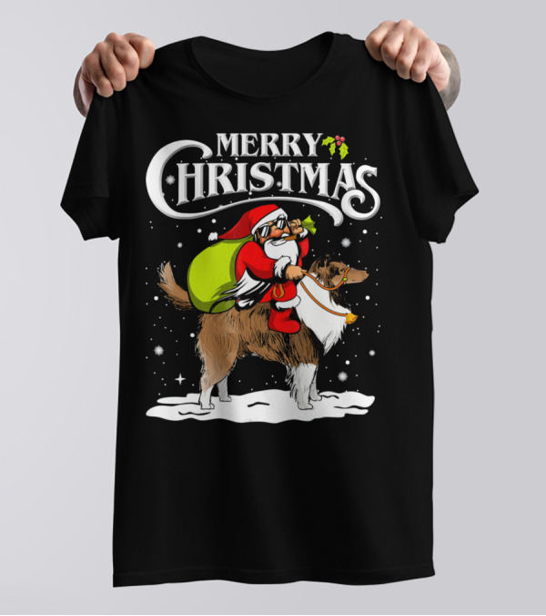 Merry Christmas Santa Riding Shetland Sheepdog Funny Chr T-Shirt
