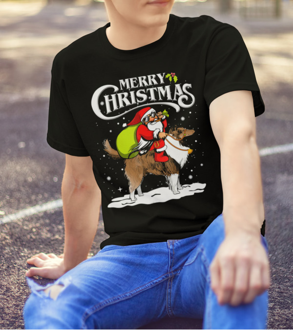 Merry Christmas Santa Riding Shetland Sheepdog Funny Chr T-Shirt