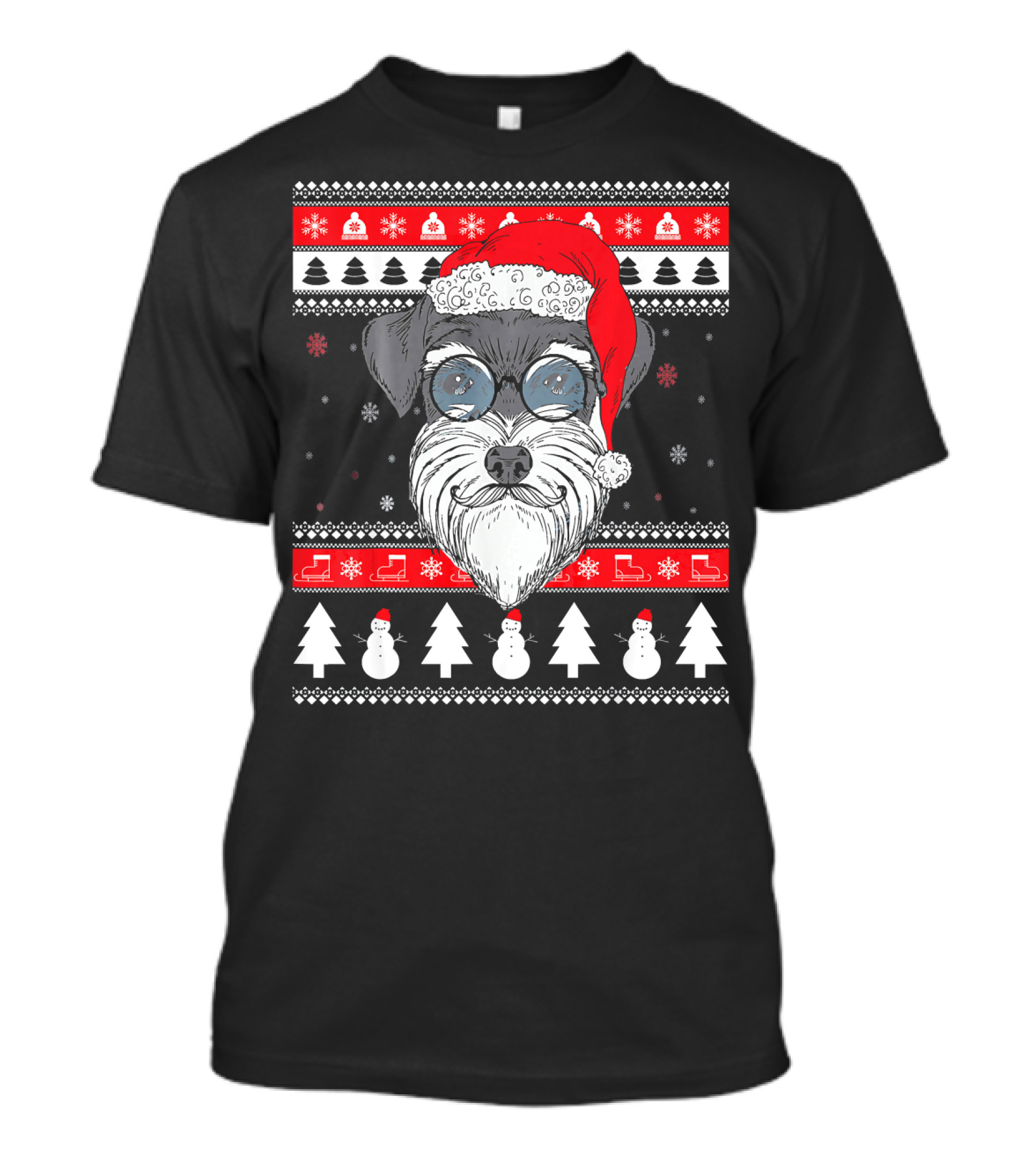 Schnauzer Santa Ugly Xmas Funny Dog With Snowmen And Trees T-Shirt
