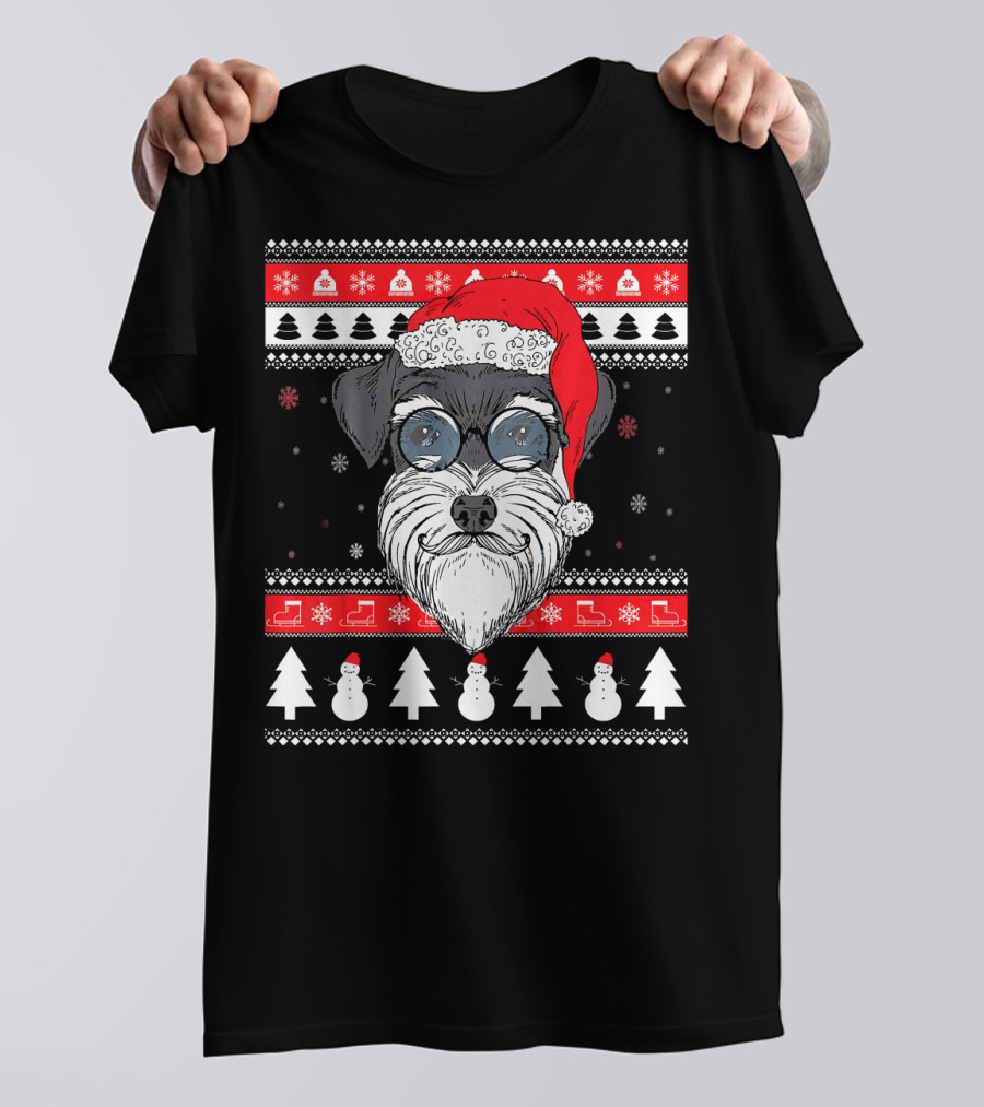 Schnauzer Santa Ugly Xmas Funny Dog With Snowmen And Trees T-Shirt