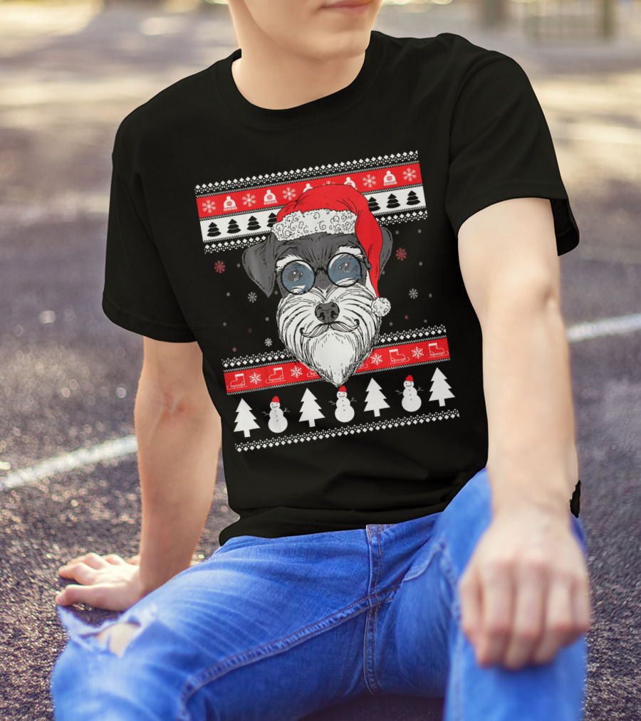 Schnauzer Santa Ugly Xmas Funny Dog With Snowmen And Trees T-Shirt