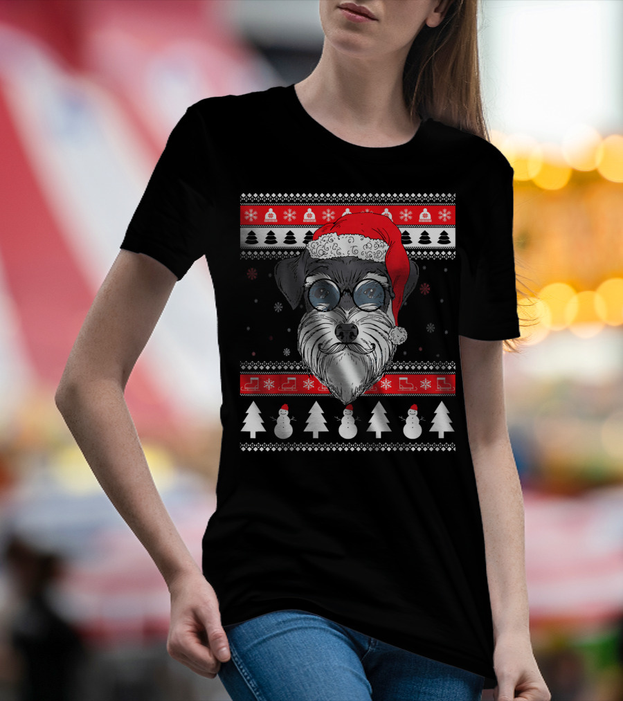 Schnauzer Santa Ugly Xmas Funny Dog With Snowmen And Trees T-Shirt